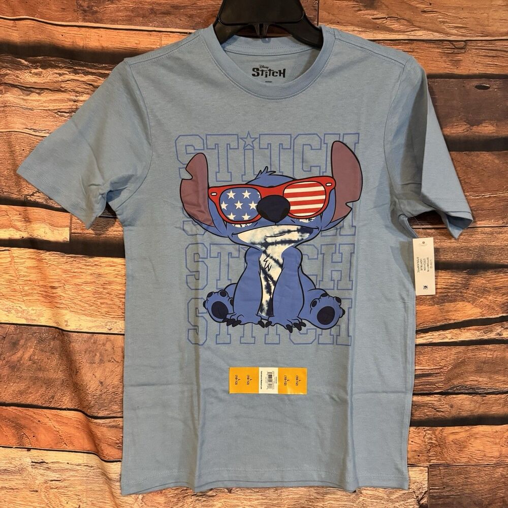 Disney Stitch Shirt Boys Youth Large L 10 12 Blue American Flag Graphic Tee NWT